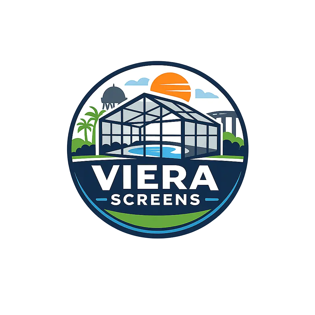 Viera Screens logo with custom pool and patio screen enclosure design